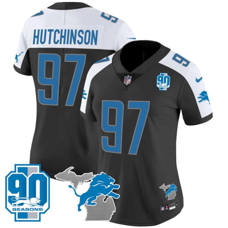 Women Detroit Lions 97 Hutchinson 90th Year Michigan Patch 2024 NFL Nike black jerseys